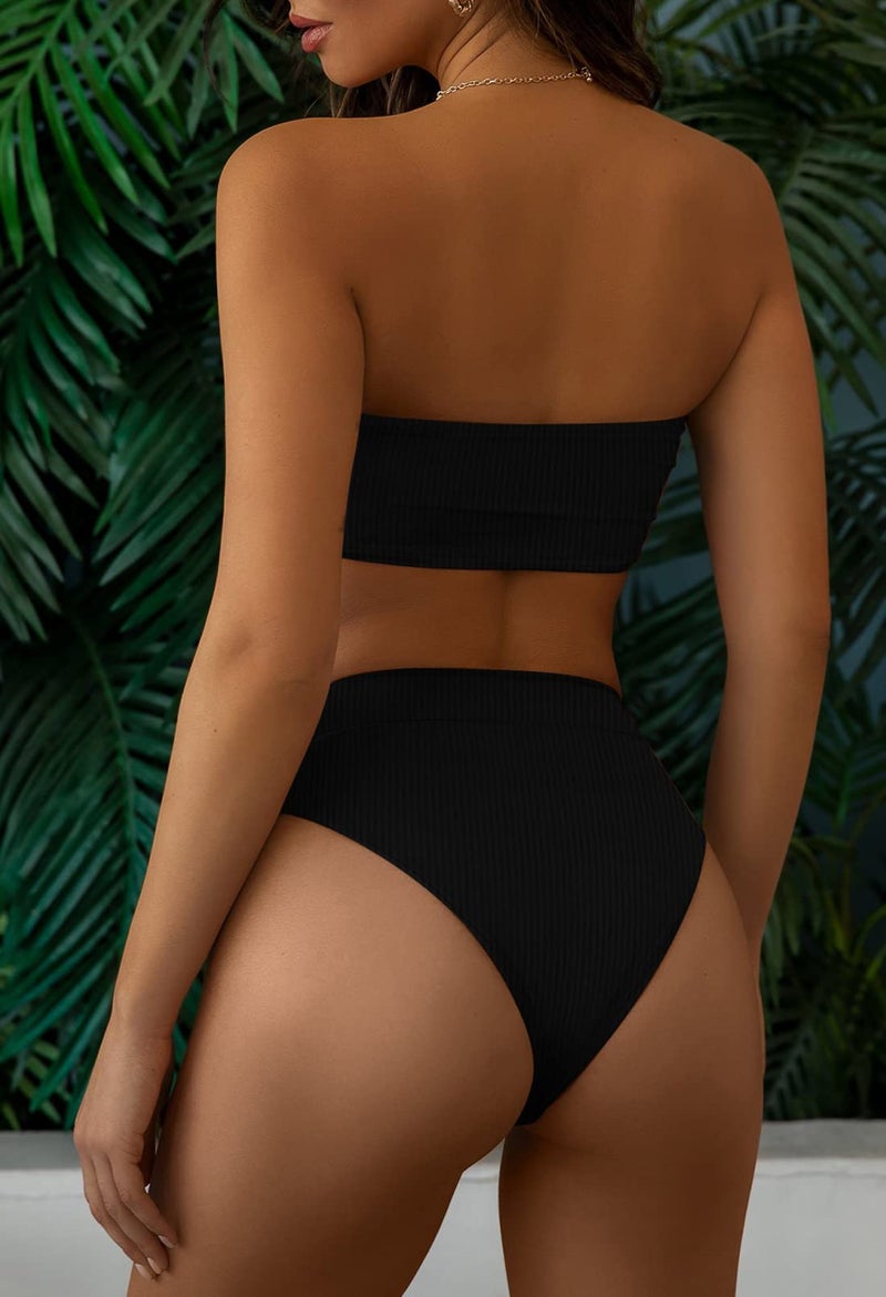 Pink Queen Women's Removable Strap Pad High Waisted Ribbed Bikini Black Size XL - Image 3